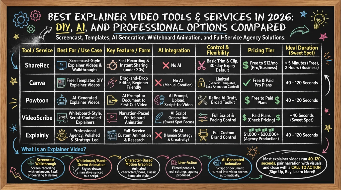 Best Explainer Video Tools & Services in 2026: DIY, AI, and Professional Options Compared — comparison infographic