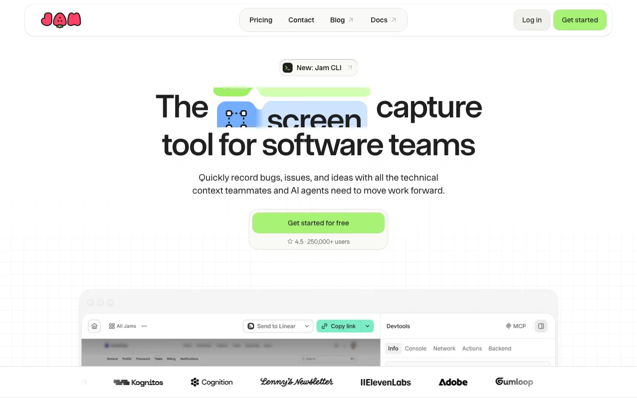 Jam.dev interface — screenshot of Jam.dev dashboard