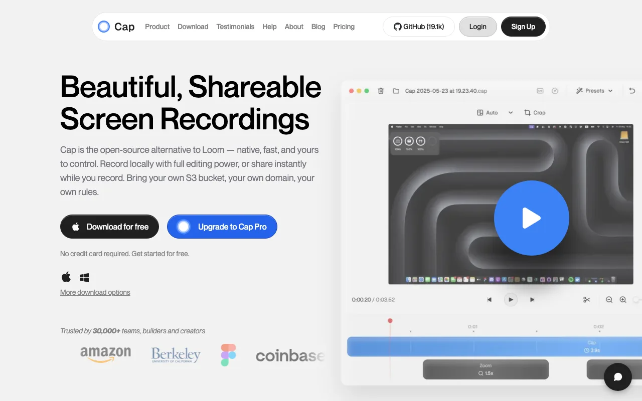 Cap interface — screenshot of Cap dashboard